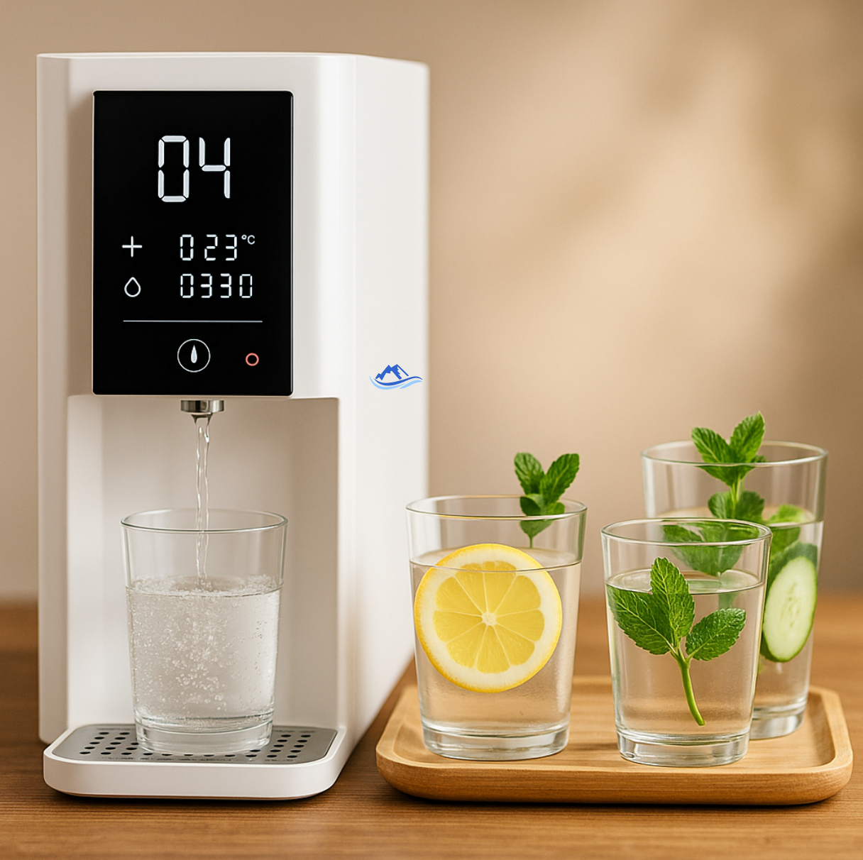 Arktisquelle Wasserfilter mit frischem Trinkwasser, verfeinert mit Zitrone, Gurke und Minze – für natürlichen Genuss und Wohlbefinden.