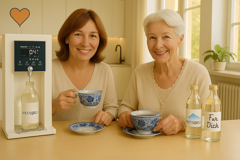 Trinkwasser in schlichten Glasflaschen mit dem Etikett „Für dich“ – als liebevolles Geschenk unter Freundinnen.