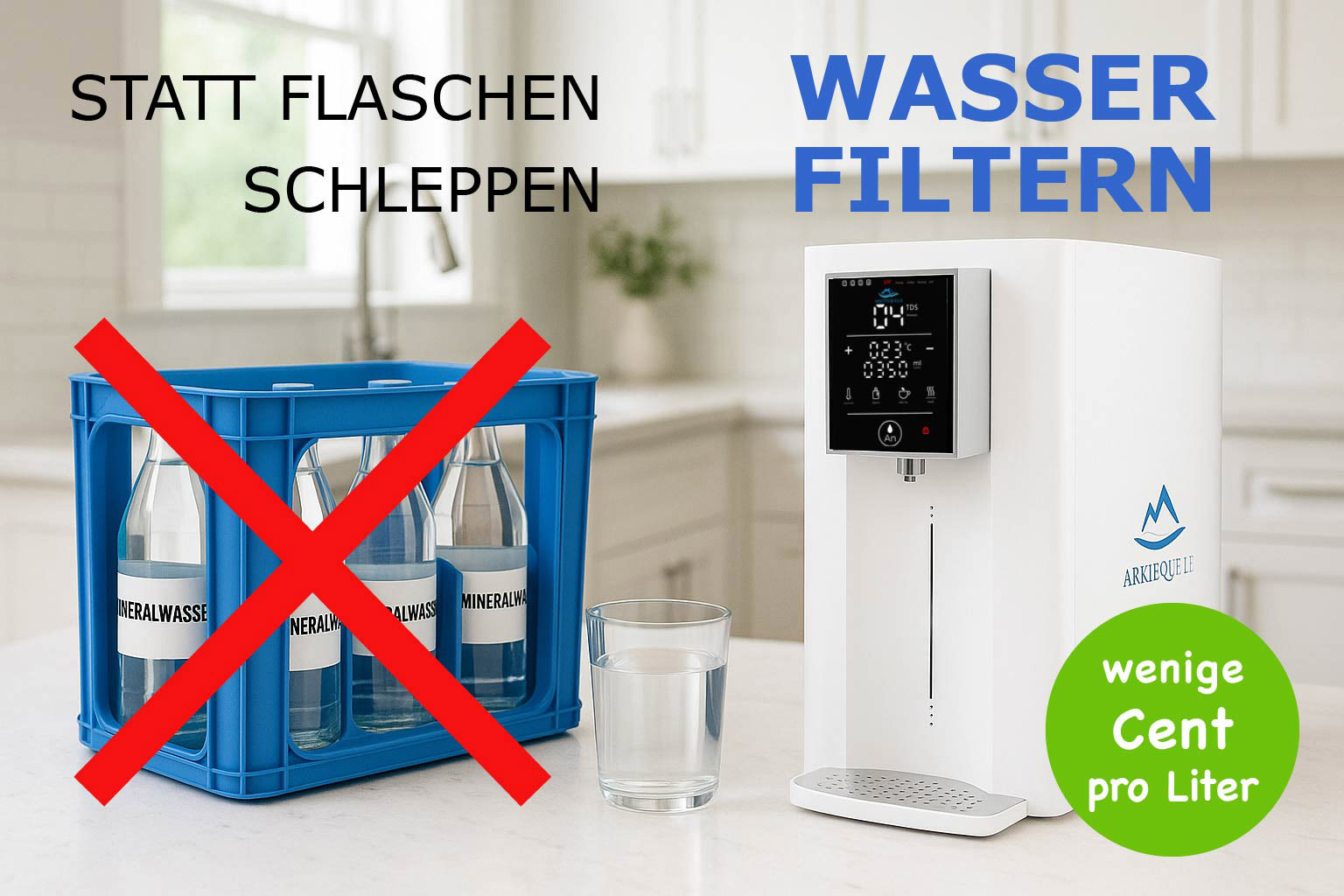 Text: Statt Flaschen schleppen – Wasser filtern. Bild: Kiste Wasserflaschen – Arktisquelle.